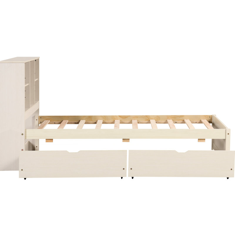 Cadre de lit simple avec 2 tiroirs de rangement hypnotisants, taille blanchie avec tête de lit bibliothèque et blanc délavé