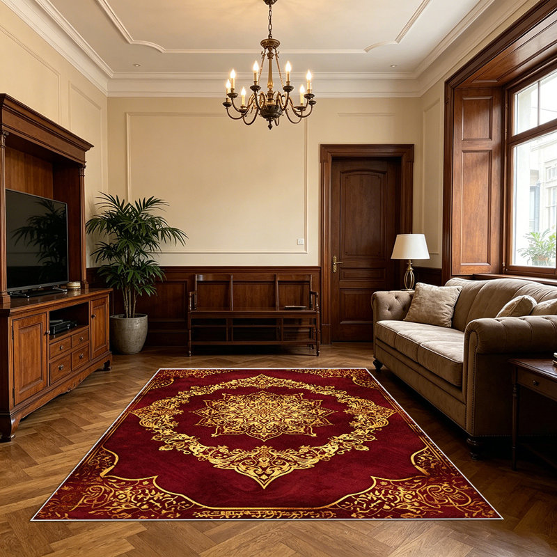 1PC Burgundy Gold Vintage Bohemian Medallion area rugs for Living Room, Soft, All seasons, Easy-maintain, Washable Indoor mat, Farmhouse suitable for dining table, bedroom, entryway, kitchen, home office, patio, Home Decor, Outdoor Decor.