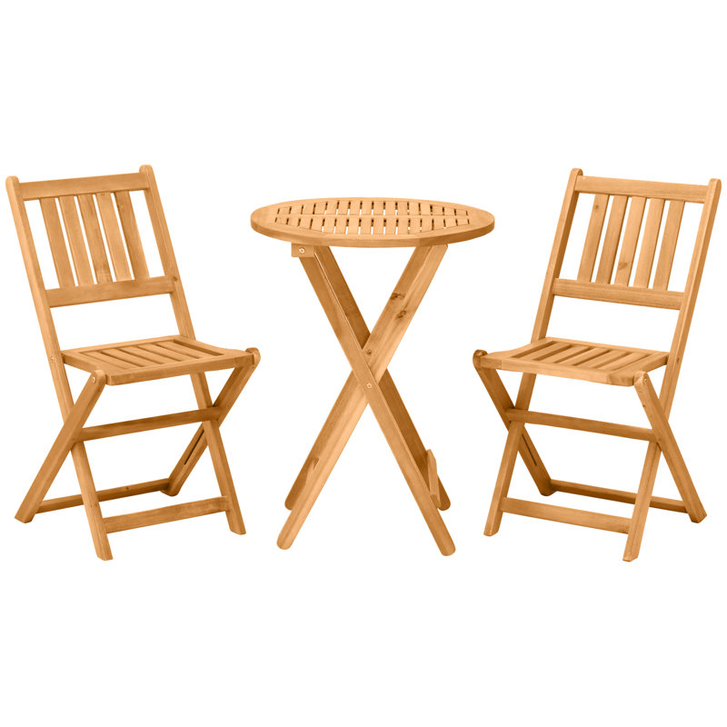 3 Wood Bistro - Folding Patio Furniture With 2 Chairs & Round Coffee Table For Backyard, Balcony, Deck. -Like Finish, Slatted Design, No Assembly Required Table. Fade-, Deck, Backyard