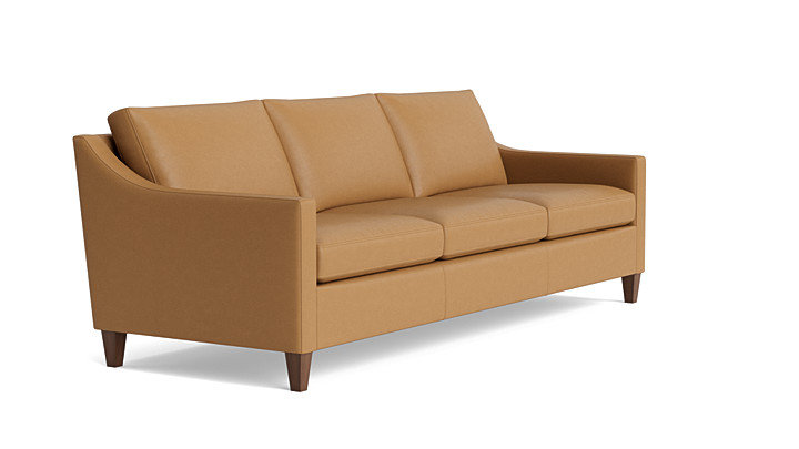 Vera Sofa (95"), Navy, Walnut Finish (Angled)