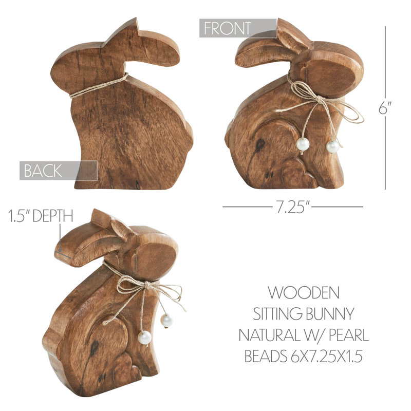Lapin assis en bois naturel avec perles, H 6 po x l 7,25 po x P 1,5 po