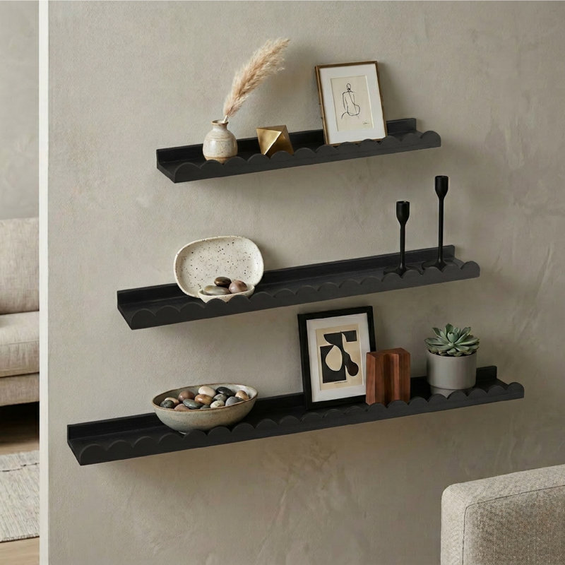  Scallop Floating Wall Shelf Set of 3, Wood Picture Ledge Shelves with Lip, Decorative Shabby Chic Wall Shelves for Nursery, Gallery, Bathroom & Living Room Decor