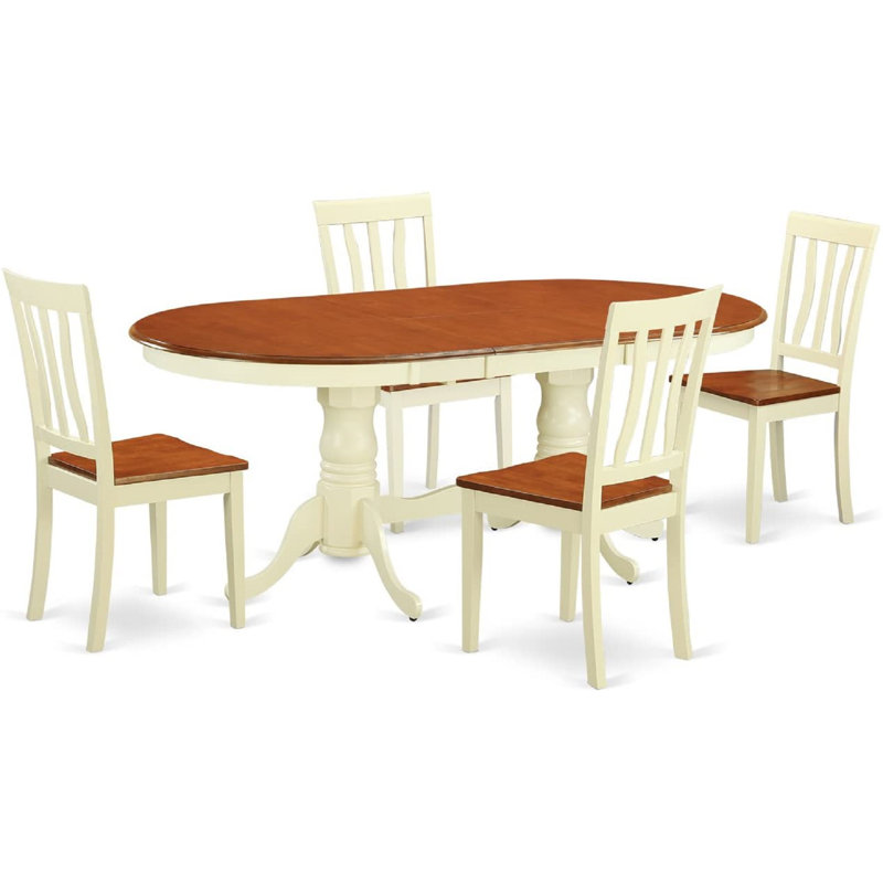 5 Piece Dining Set Includes an Oval Dining Table with Butterfly Leaf and 4 Kitchen Chairs, Buttermilk & Cherry