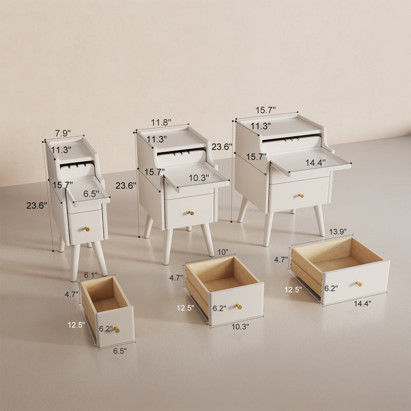 Narrow Solid Wood Nightstand with 2 Drawers, White, 11.81"W