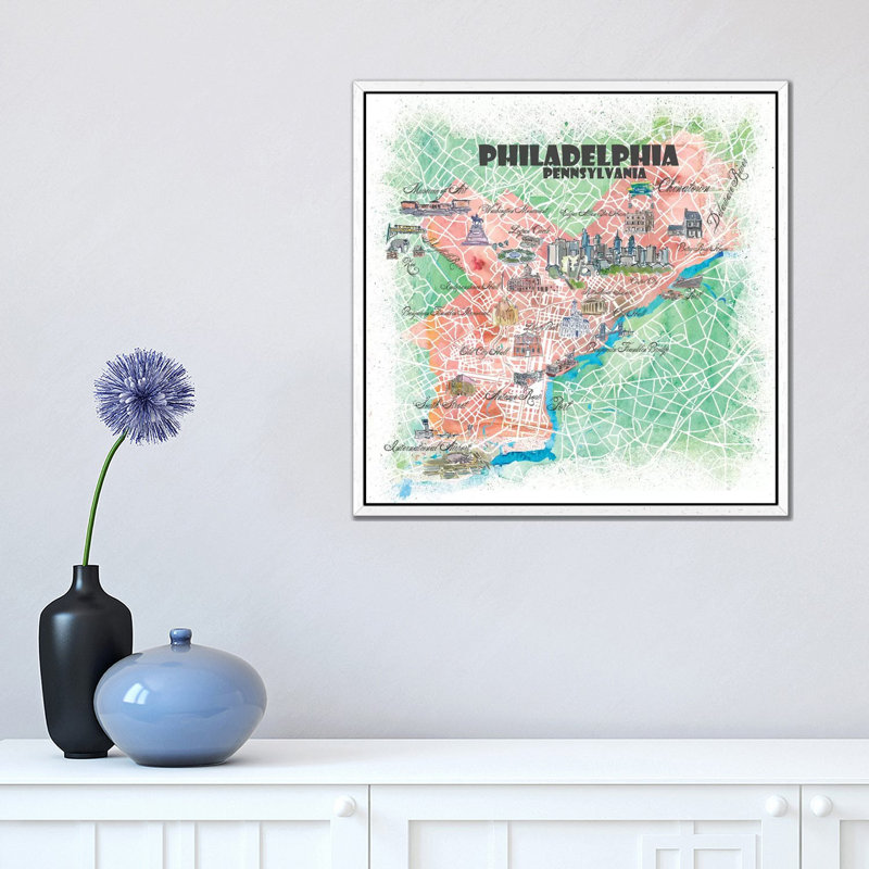 Philadelphia Pennsylvania USA Illustrated Map by Markus & Martina Bleichner - Painting on Canvas, White Floater Framed