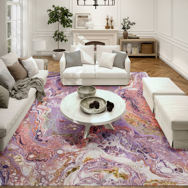 Tapis rose / mauve à motif abstrait tissé à la machine, Rectangle 10 pi x 14 pi