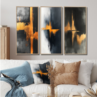 «Black and Gold Converge Dream I» - Collection de 3 panneaux sur toile de minimalisme