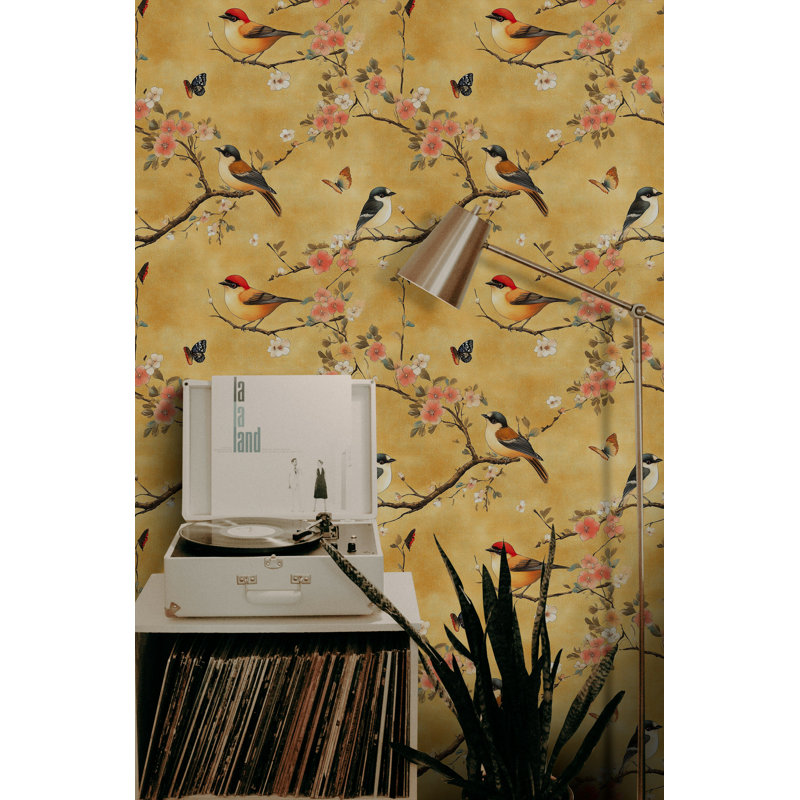 Rouleau de papier peint à motif de cerisiers en fleurs rétro avec motif floral jaune doré