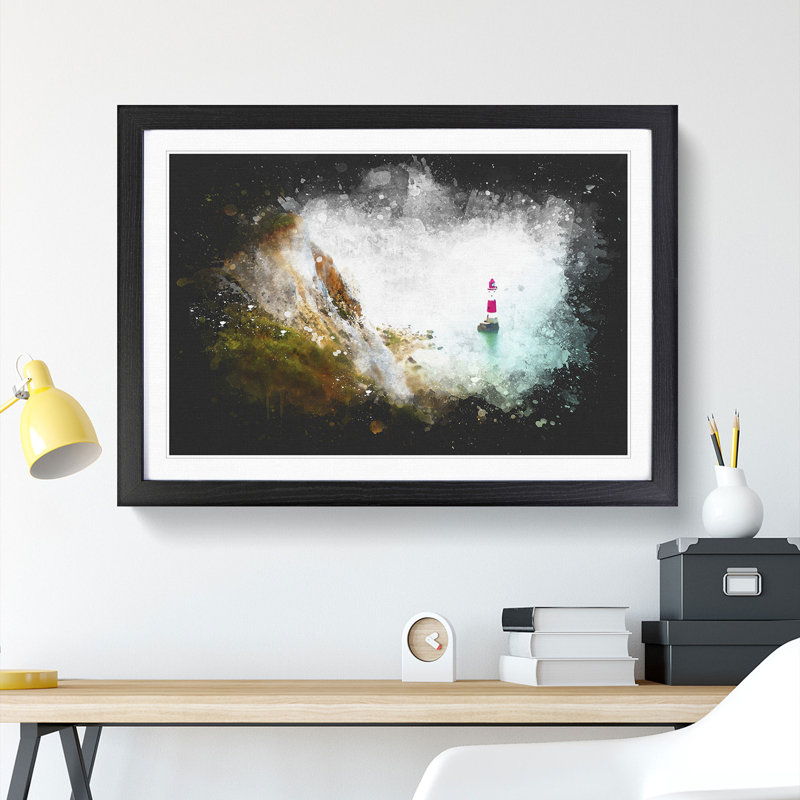 Lighthouse By The Coast Paint Splash - Picture Frame Graphic Art, 24cm H x 33cm W x 2cm D, Black Framed