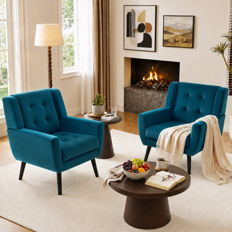Tufted Upholstered Wide Back Armchair（Set of 2）, Blue Velvet