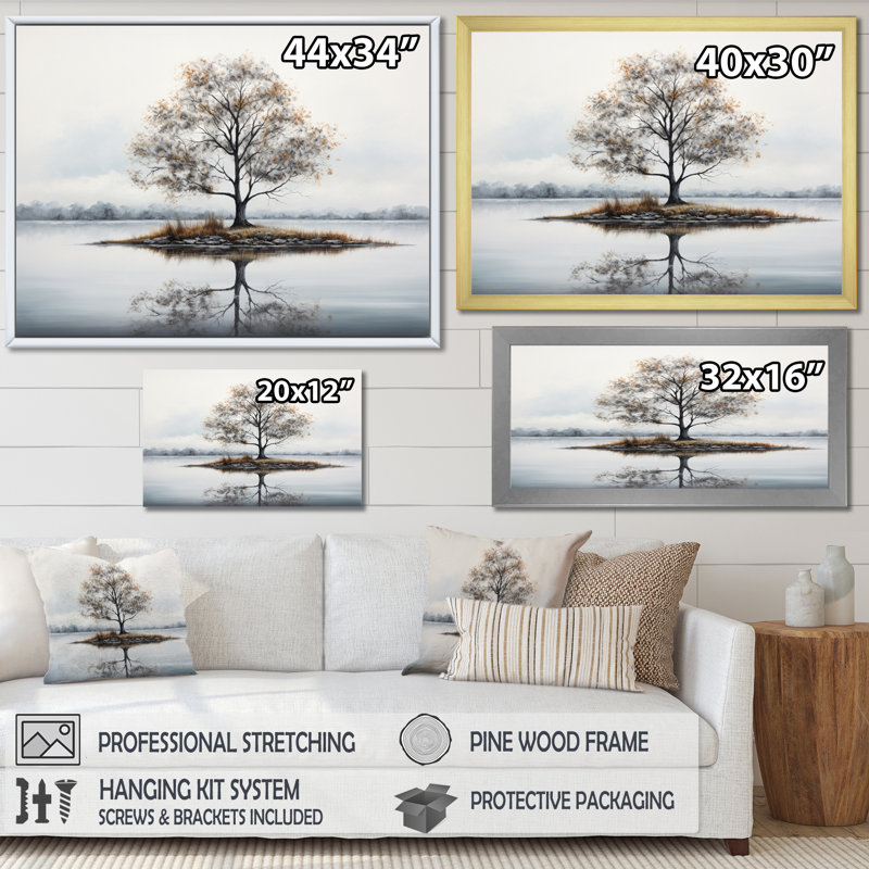 " Gray White Minimalism Tree Ink Harmony IV " Mixed Media Print, 34" H x 44" W x 1.5" D, Natural