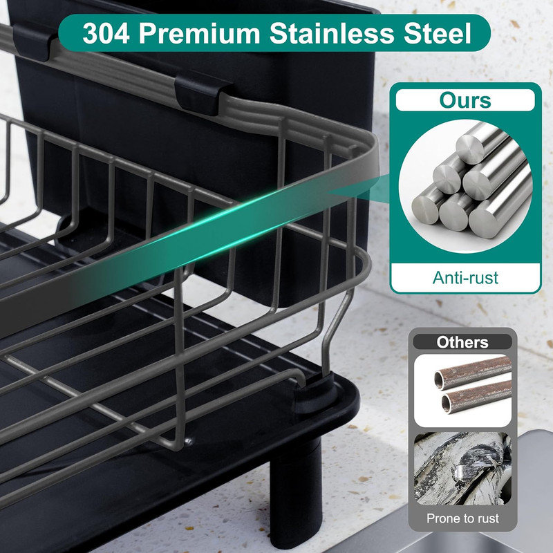 Gray Metal 2-Tier Dish Drying Rack with Utensil Holder