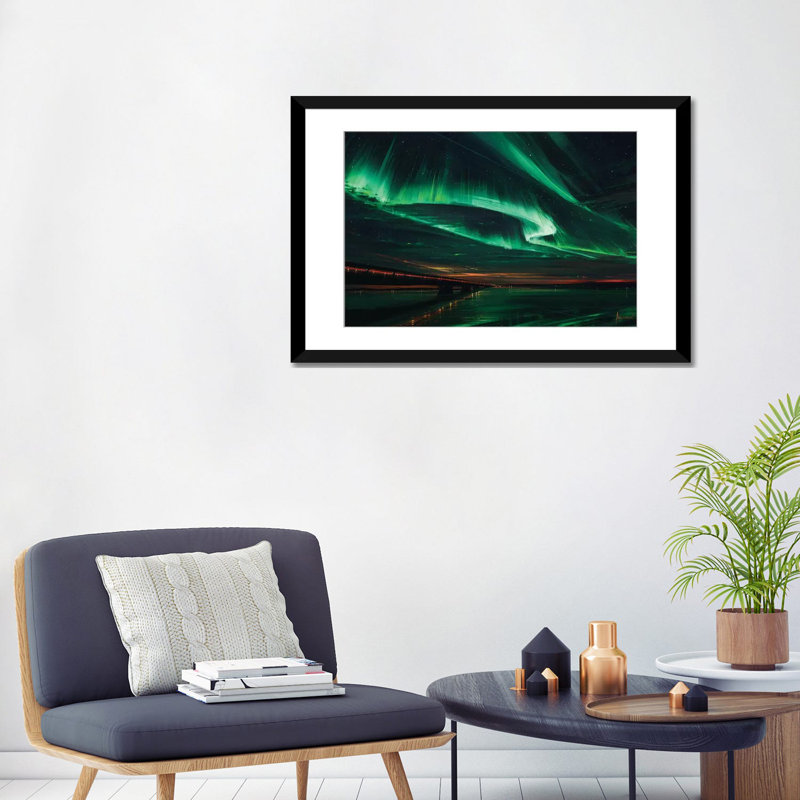«Northern Lights», impression sur toile tendue, Papier beaux-arts encadré noir, H 24 po x l 32 po x P 1 po, Blanc