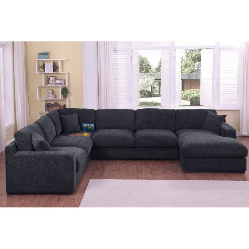 Canapé modulaire en chenille gris anthracite à 5 places avec méridienne orientée vers la droite, console d'angle, 1 portique et un port de charge, hauteur de 19,5 po, 3 coussins décoratifs avec porte-gobelets de 128 po de largeur, coussins, coussins amovibles et de dossier