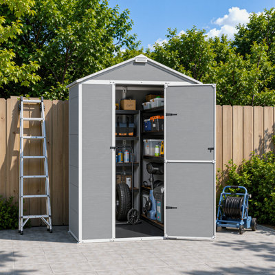 Remise de rangement extérieure en résine l 5 pi x P 3 pi avec porte simple verrouillable et évent supérieur, armoire à outils à pignon résistante aux intempéries pour patio et cour latérale