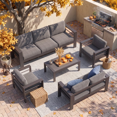 All-Aluminum Patio Furniture Sets for All Weather, 7-Person Outdoor Furniture Set with Soft Cushion, 5-Piece Outdoor Conversation Sets with 3.2" Widened Armrest