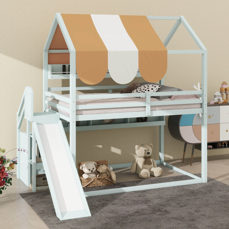Full-Size Bunk Bed With Canopy Top, Slide Feature & Integrated Bookshelves, Light Green