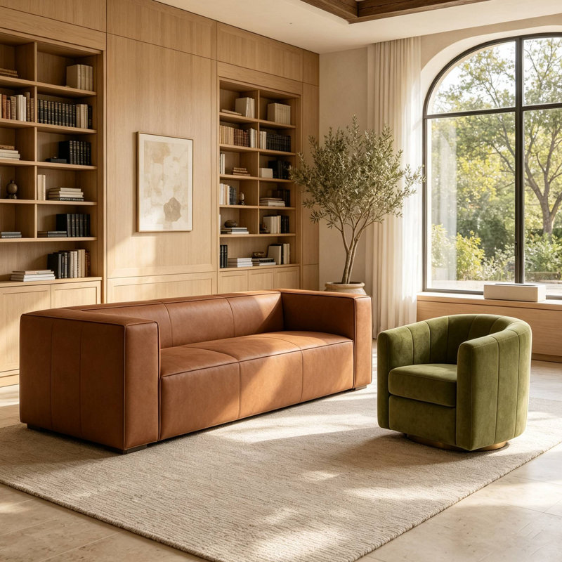 Ensemble de salon 2 pièces 4 places, canapé moderne en cuir 234 cm et fauteuil pivotant à 360° en velours olive pour le salon et la réception