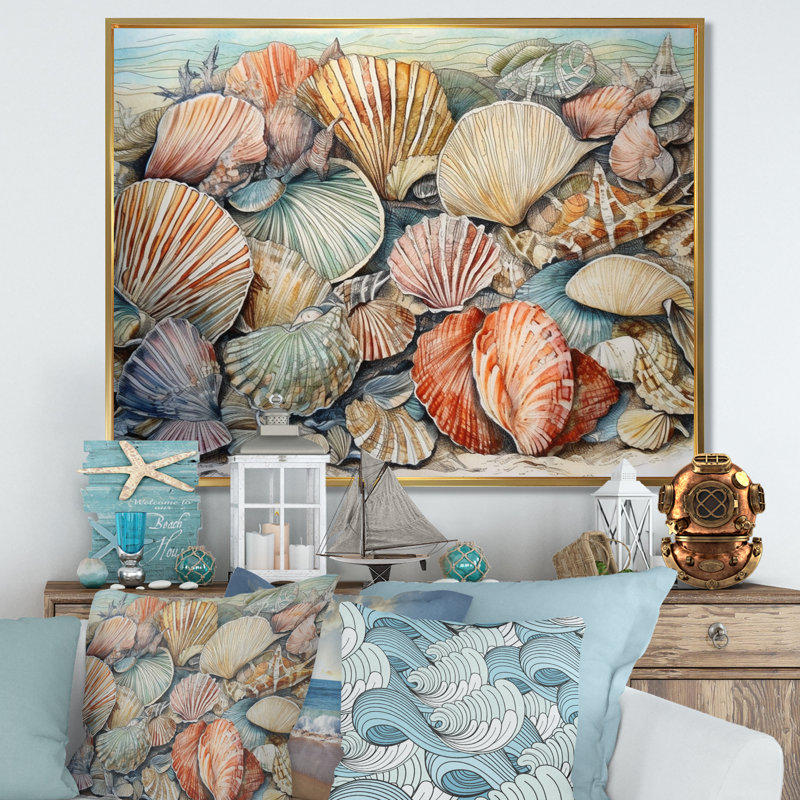 Seaside Seashells IV sur toile, H 12 po x l 20 po x P 1 po, Cadre flottant doré