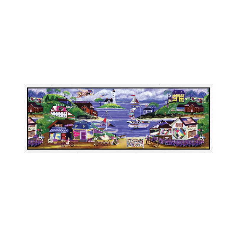 Primitive American Angel And Crazy Quilt Seaside Village by Cheryl Bartley - Panoramic Painting on Canvas, White Framed