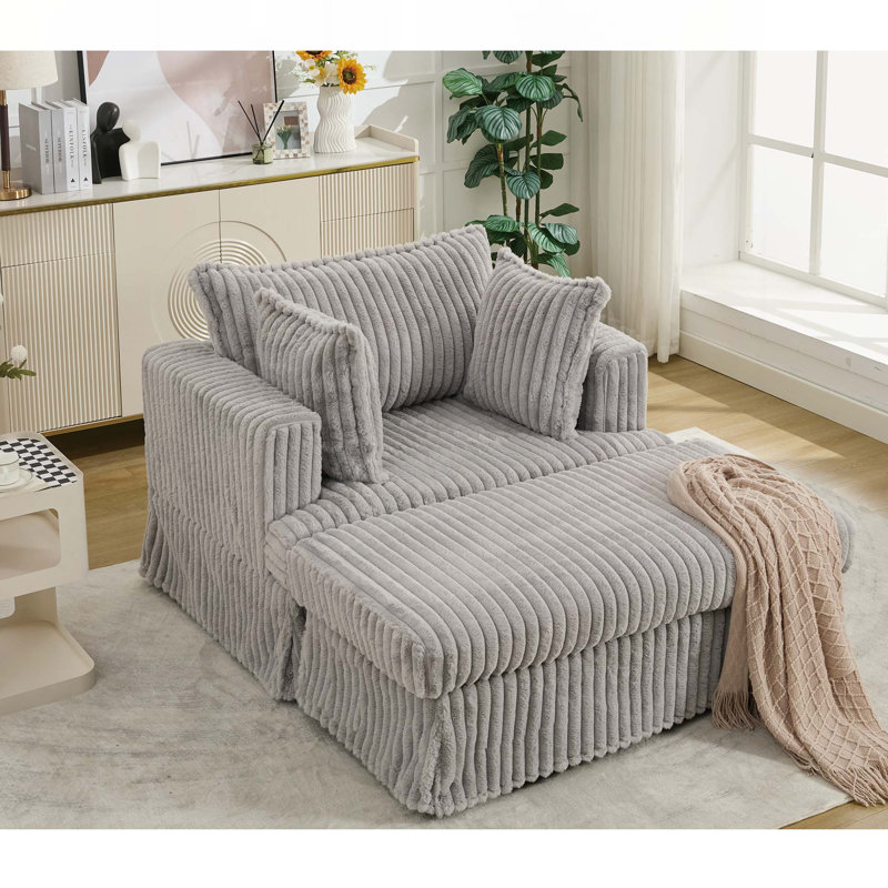 Oversized Corduroy Chaise Lounge with Movable Ottoman, Deep Seat Reclining Sofa with Thick Padded Cushion, Light Grey