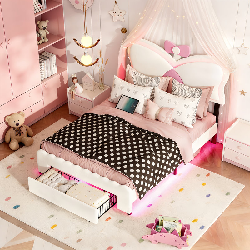 Lit rembourré en velours pour enfant avec tiroir et tête de lit réglable à DEL, Lit simple, Blanc