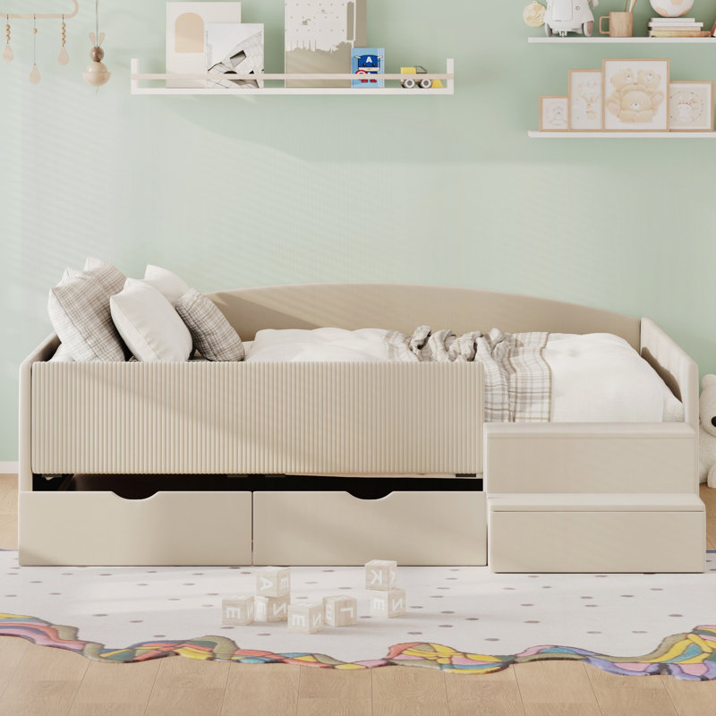 Structure de lit de jour rembourrée avec 2 tiroirs de rangement, Double, Beige