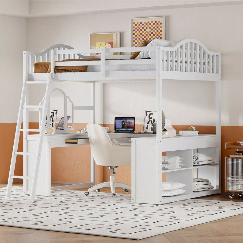 Lit mezzanine en bois avec bureau en U, compartiments de rangement et miroir à trois volets