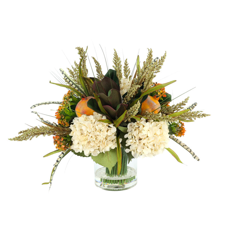 Arrangement d'automne avec hortensias et chardon Dellwood, Crème/orange