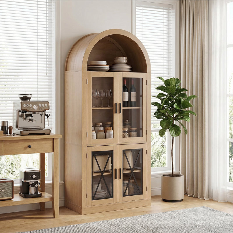 70" Tall Farmhouse Arched Display Cabinet With Led Lights And Glass Doors, Modern Storage Cabinet, Black, Black