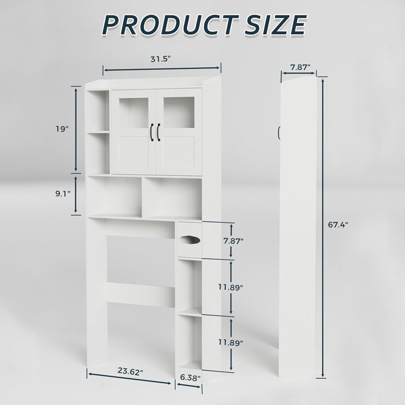 Over The Toilet Storage Cabinet with Adjustable Shelves, Tempered Glass Door, Open Shelving, White