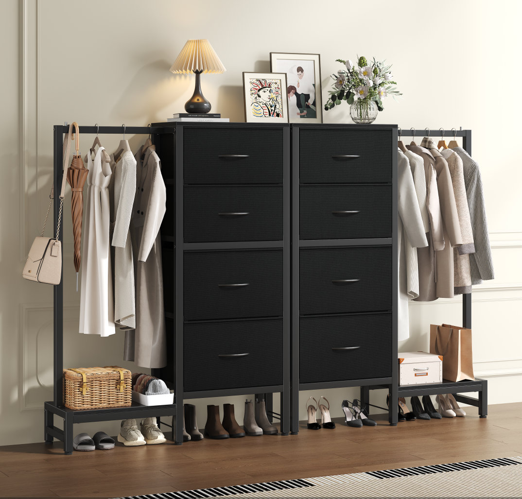 small dresser closet Dresser with Hanging Rack - Small Closet with 4 Fabric Storage Drawers, 44"H Dre