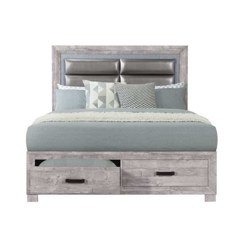 Grand lit gris gris avec rangement et tête de lit rembourrée, fabrication en bois massif, 2 rangements, tête de lit