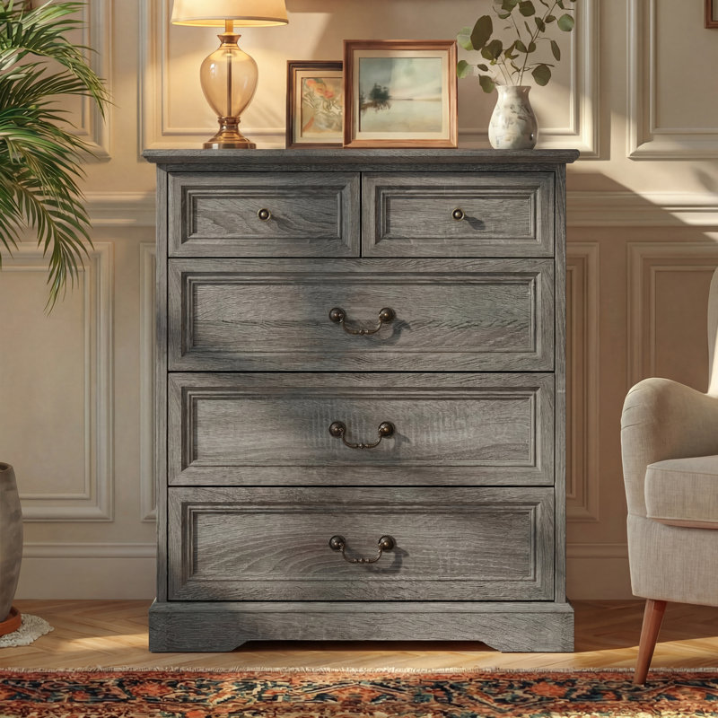 5 Drawers Rustic Accent Chest Cabinet, Gray