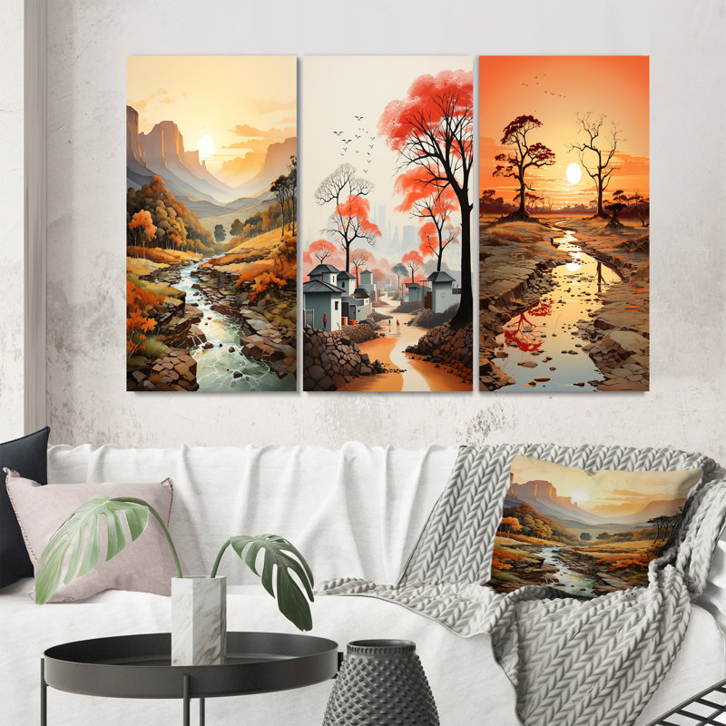 «Orange Beige African Valley», 3 pièces sur toile, Toile tendue, H 20 po x l 36 po