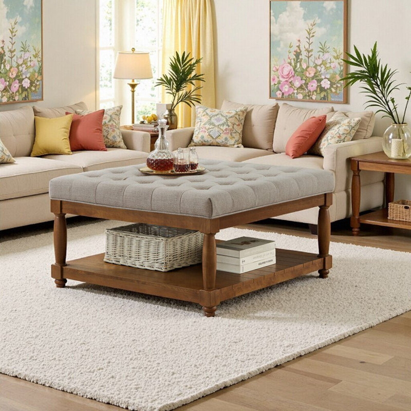 Grande table basse carrée avec repose-pieds, Lin