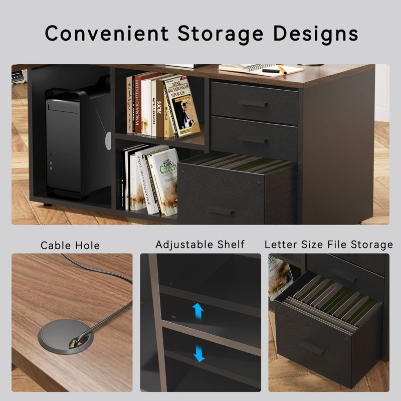 Berat L-shaped Executive Standing Desk With Reversible File Cabinet, Brown/Black