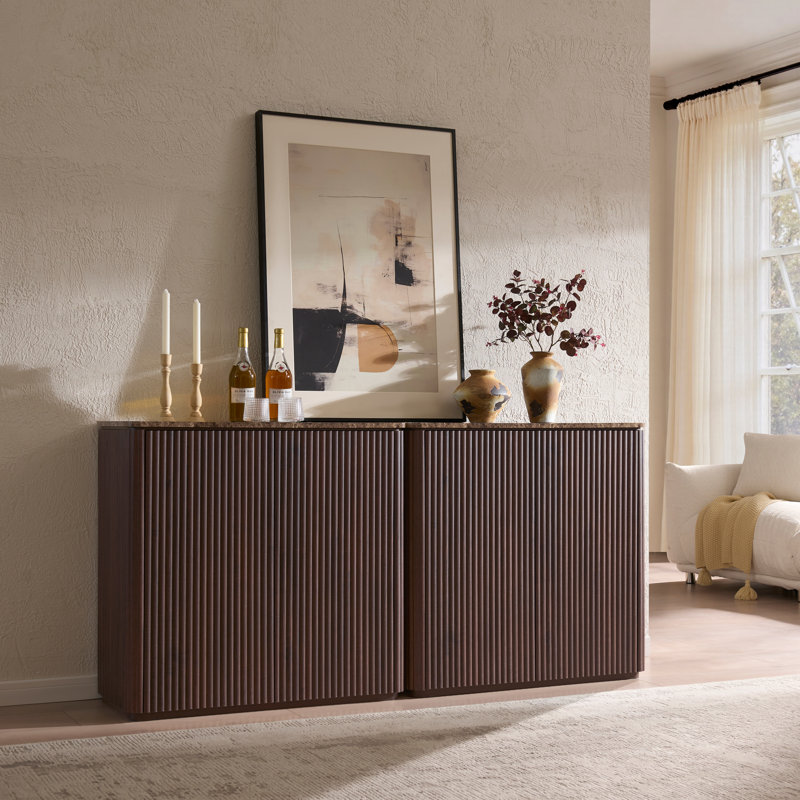 Fluted Sideboards with Faux Marble Top, 68.8" Wide Modern Buffet Cabinet TV Stand Storage, Brown Oak