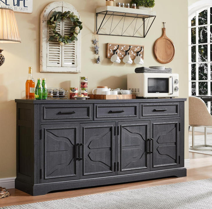 Buffet 66 po Modern Farmhouse - 3 tiroirs et 4 portes en relief, café pour la cuisine, Gray