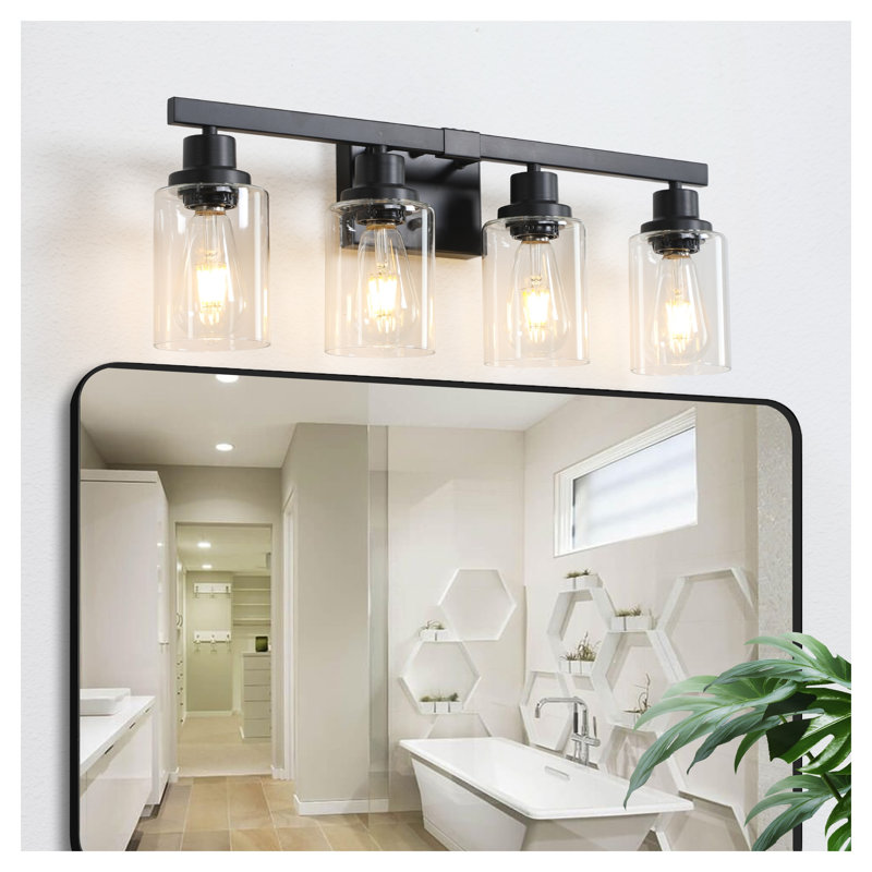 Luminaire de meuble-lavabo moderne 24 po à 4 lumières avec abat-jour en verre transparent 24 po, Noir mat, Quatre lumières