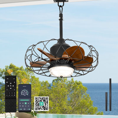 Ventilateur de plafond extérieur en cage 21 po avec éclairage et télécommande / commande APP, éclairage Fandelier étanche IP65 avec 3 couleurs de DEL pour les patios, pavillon de jardin