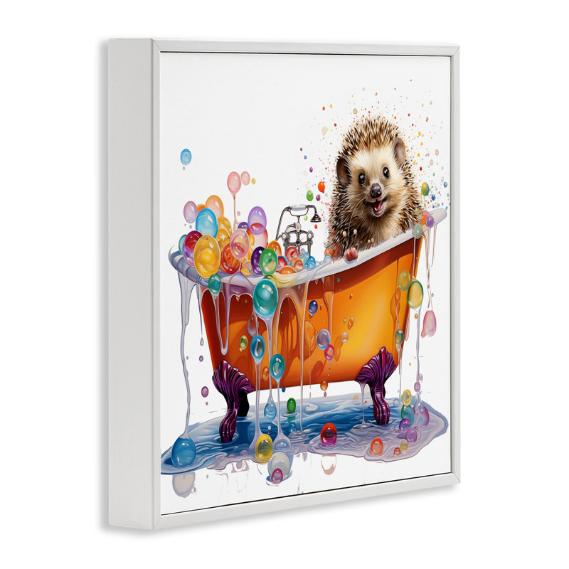 «Happy Hedgehog Bubble Bath», art de la giclée encadrée par Mary Cunningham, Giclée encadrée blanc bord de mer
