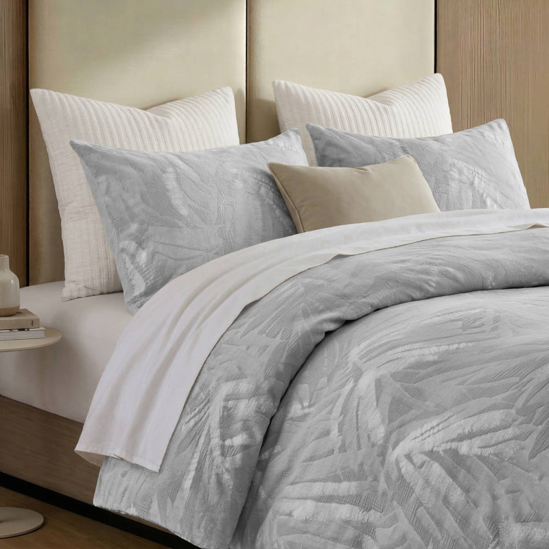 Coastal Leaves 3 Piece Cotton Duvet Set, Light Gray, King