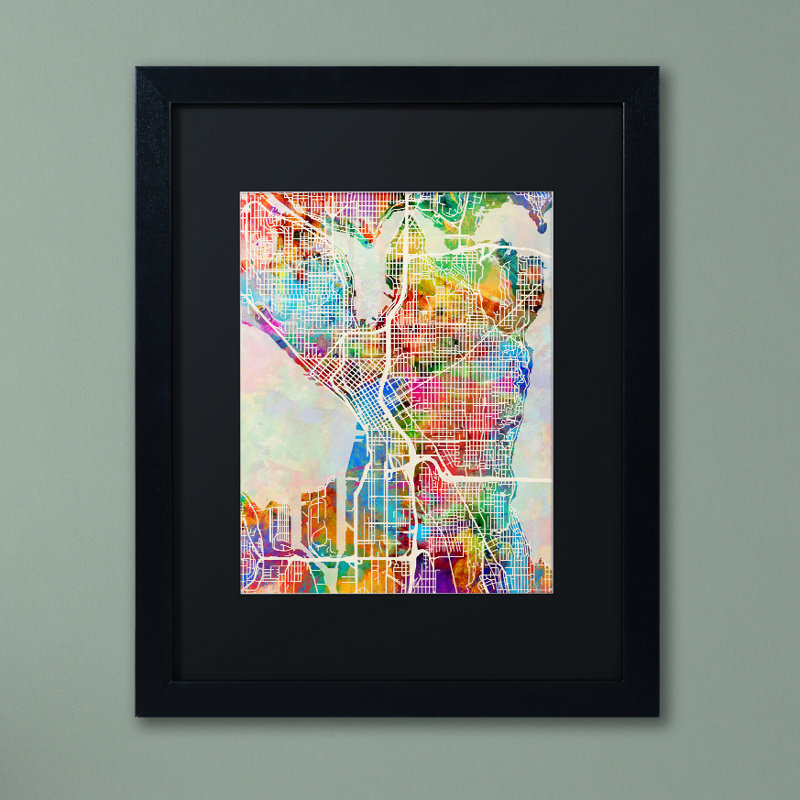 « seattle washington street map », reproduction d’impression sur toile encadrée, H 14 po x l 11 po x P 0,5 po, Noir