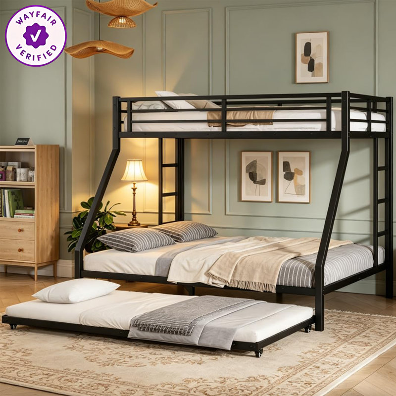 Lit superposé simple au-dessus de très grand lit en métal noir avec lit gigogne simple, peu encombrant, réduit le bruit, 2 échelles latérales, rangement sous le lit, aucun sommier nécessaire