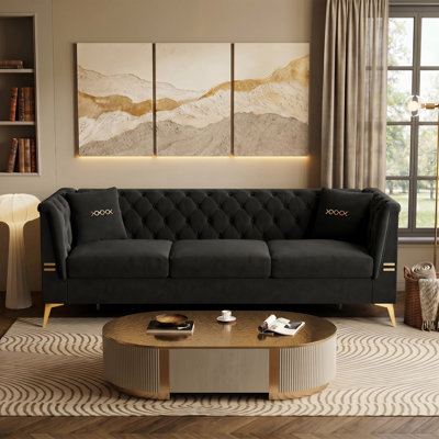 83" Velvet Flared Arm Chesterfield Sofa with Pillows