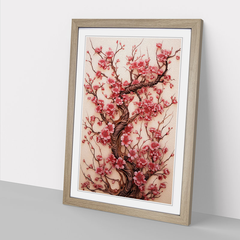 Cherry Blossom Tree Nouveau - Single Picture Frame Print on Wood, Oak Framed, 64cm H x 46cm W x 2cm D