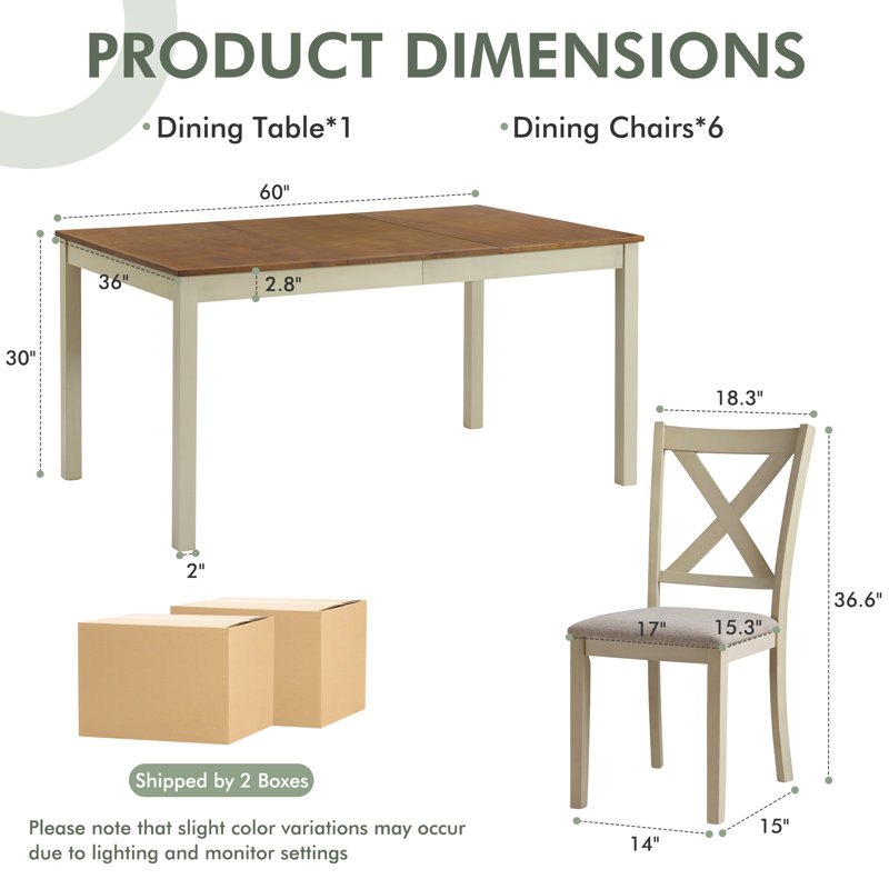 Deral 6 - Person Farmhouse Rectangular Solid Wood Dining Set, Brown/White, Brown/White, White