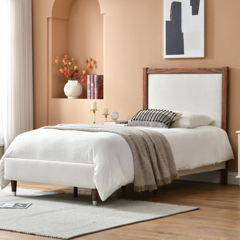 Wooden platform bed with upholstered base, Twin, Cream