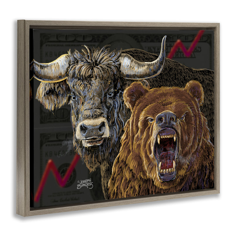 Art mural encadré "Bull & Bear", par Joseph Burgess, H 25 po x l 31 po, Cadre flottant orme Montalcino
